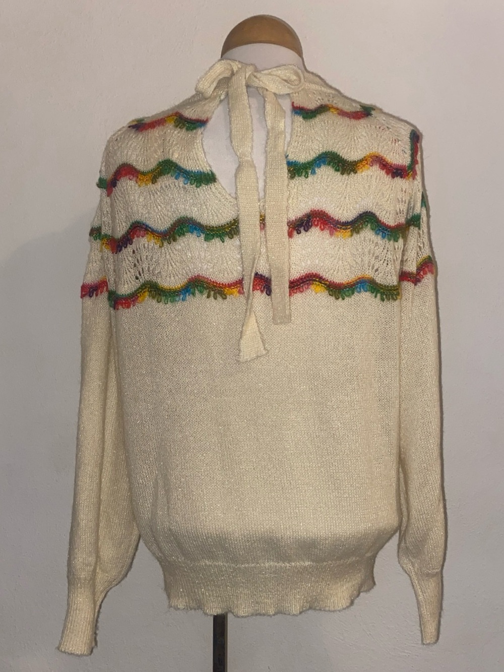 ANDTHEWHY Ivory Long Sleeve Sweater, Tie Neck, Multi Color Design, Eyelets S/M - Picture 5 of 7